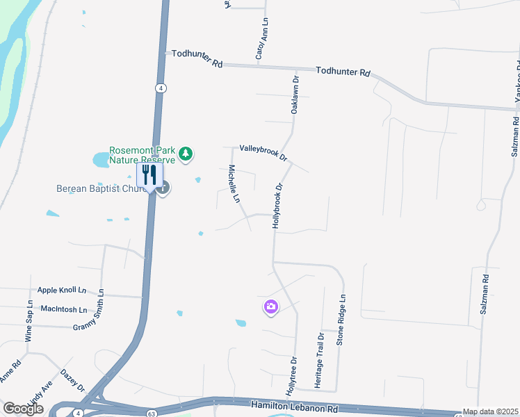 map of restaurants, bars, coffee shops, grocery stores, and more near 4011 Meadowood Drive in Middletown