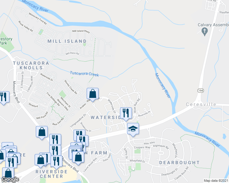 map of restaurants, bars, coffee shops, grocery stores, and more near 8278 Waterside Court in Frederick