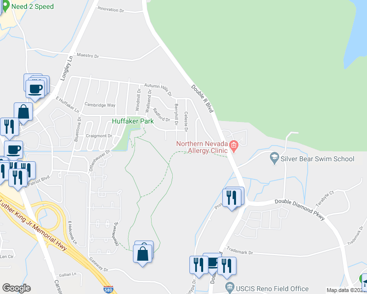map of restaurants, bars, coffee shops, grocery stores, and more near 7501 Celeste Drive in Reno