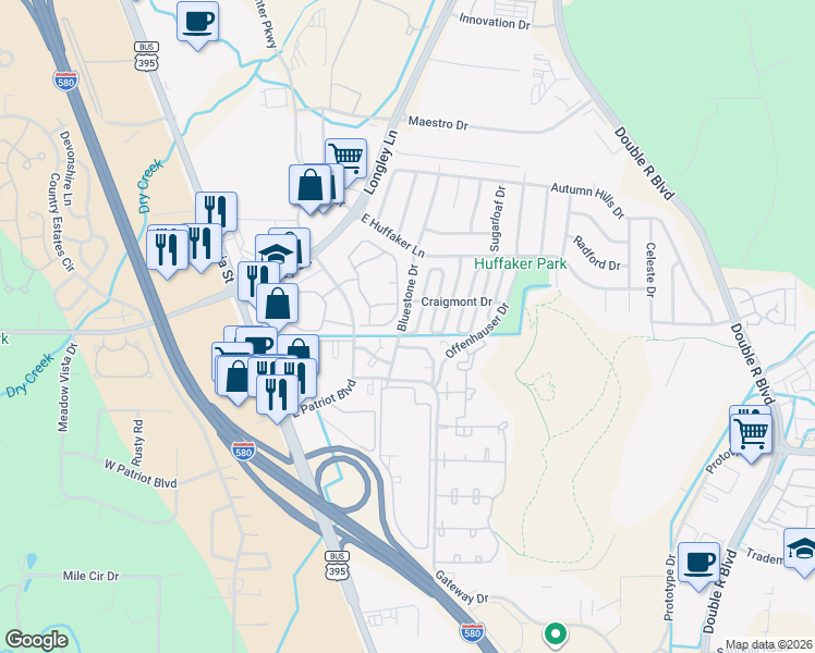 map of restaurants, bars, coffee shops, grocery stores, and more near 419 Barclay Court in Reno