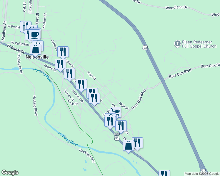 map of restaurants, bars, coffee shops, grocery stores, and more near 94 2nd Street in Nelsonville