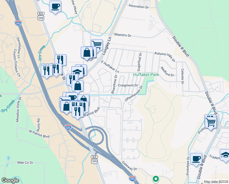 map of restaurants, bars, coffee shops, grocery stores, and more near 419 Barclay Court in Reno