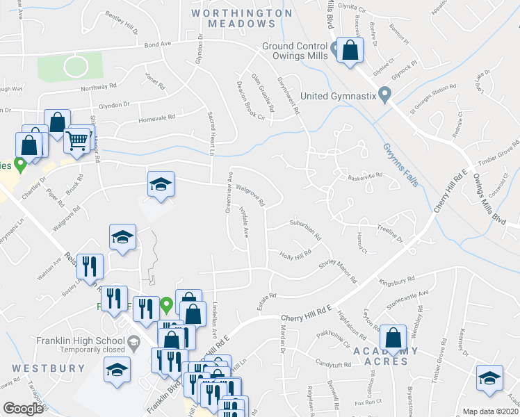 map of restaurants, bars, coffee shops, grocery stores, and more near 323 Walgrove Road in Reisterstown