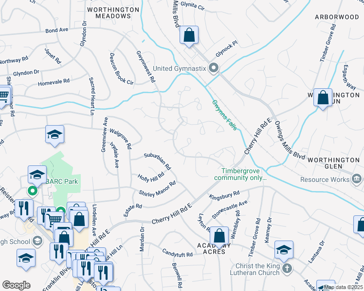 map of restaurants, bars, coffee shops, grocery stores, and more near 10 Tattersaul Court in Reisterstown