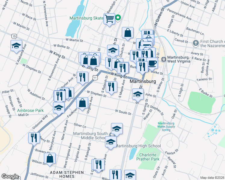 map of restaurants, bars, coffee shops, grocery stores, and more near 334 South Church Street in Martinsburg
