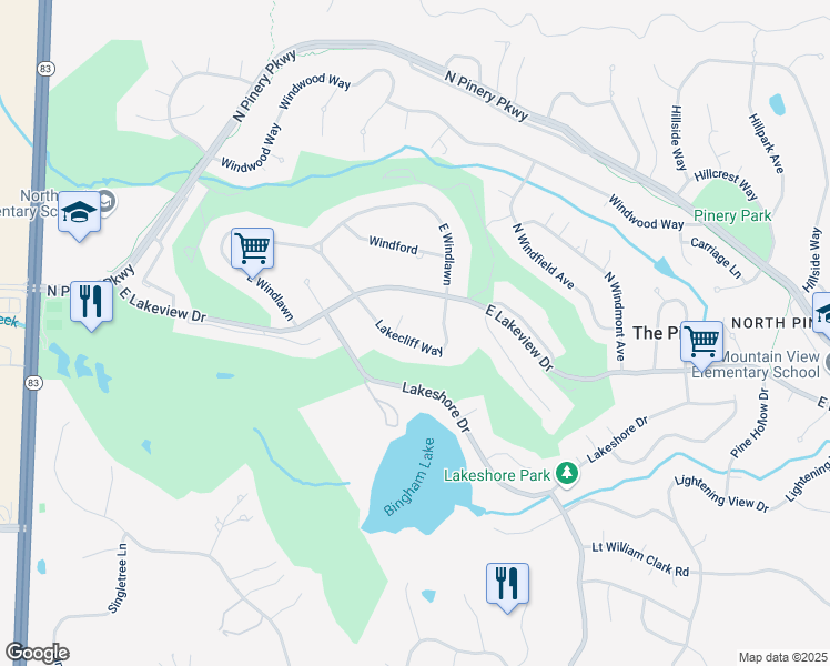 map of restaurants, bars, coffee shops, grocery stores, and more near 6442 Lakewind Circle in Parker