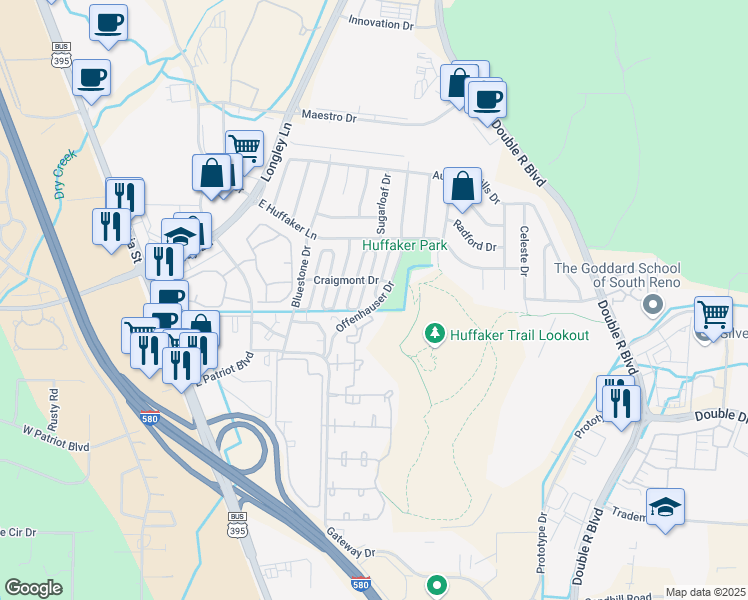 map of restaurants, bars, coffee shops, grocery stores, and more near 7639 Offenhauser Drive in Reno