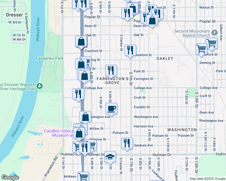 map of restaurants, bars, coffee shops, grocery stores, and more near 1024 South 6th Street in Terre Haute