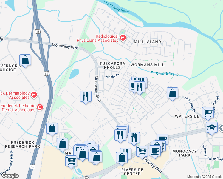 map of restaurants, bars, coffee shops, grocery stores, and more near 2632 Cameron Way in Frederick
