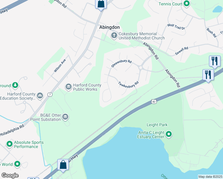 map of restaurants, bars, coffee shops, grocery stores, and more near 3353 Shrewsbury Road in Abingdon
