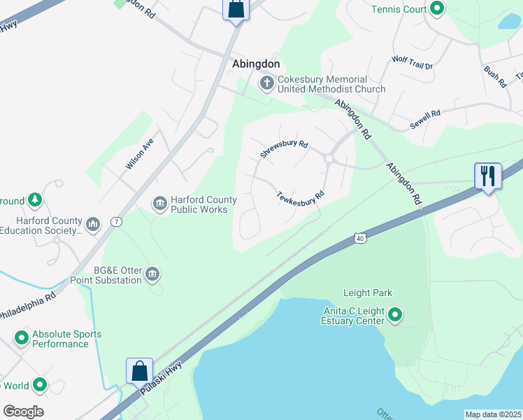 map of restaurants, bars, coffee shops, grocery stores, and more near 3353 Shrewsbury Road in Abingdon