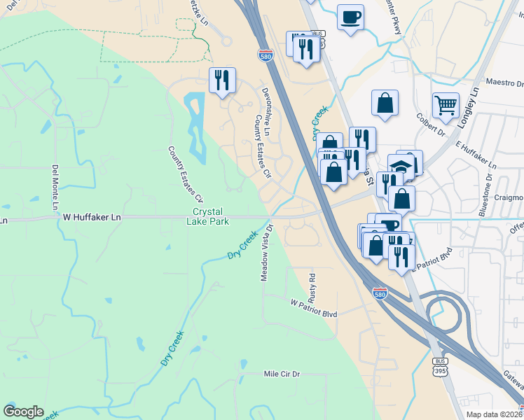 map of restaurants, bars, coffee shops, grocery stores, and more near 840 Huffaker Estates Circle in Reno