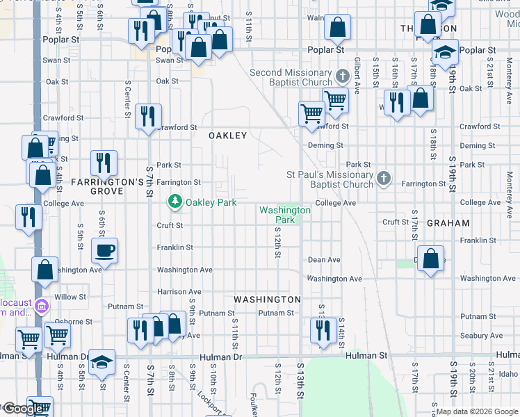 map of restaurants, bars, coffee shops, grocery stores, and more near 1100-1198 College Avenue in Terre Haute