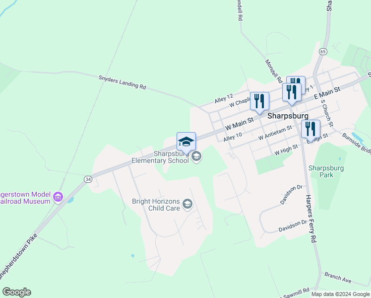 map of restaurants, bars, coffee shops, grocery stores, and more near 17525 Shepherdstown Pike in Sharpsburg