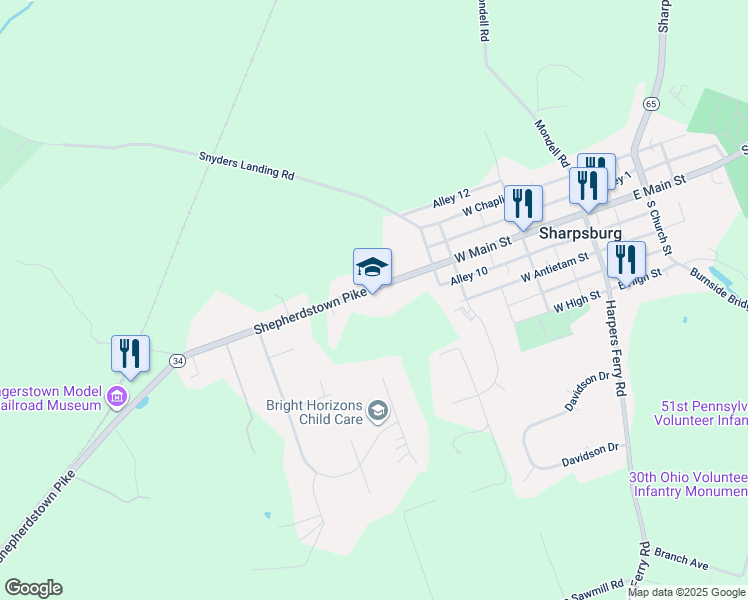 map of restaurants, bars, coffee shops, grocery stores, and more near 17525 Shepherdstown Pike in Sharpsburg