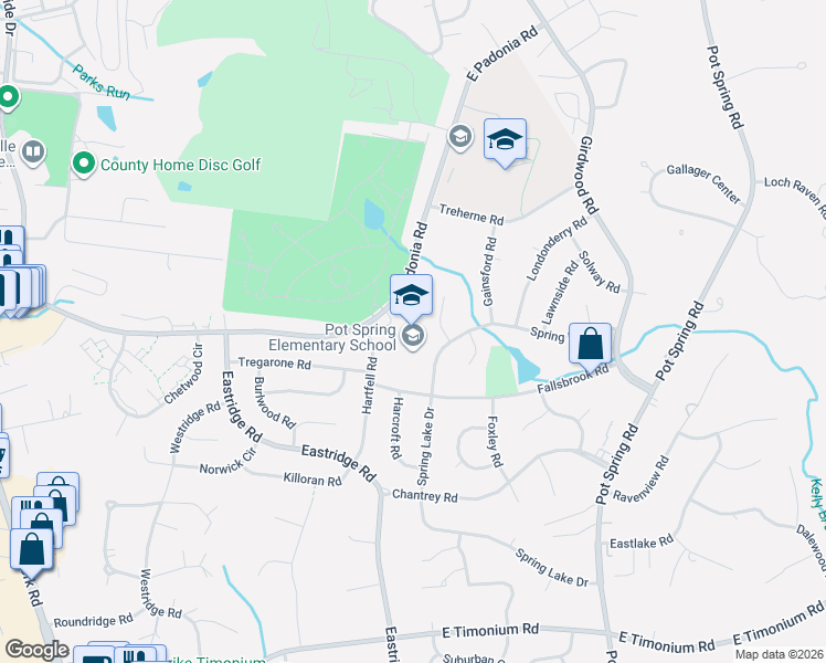 map of restaurants, bars, coffee shops, grocery stores, and more near 2515 Downshire Court in Timonium