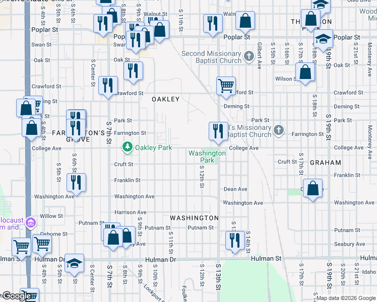 map of restaurants, bars, coffee shops, grocery stores, and more near 1100-1198 College Avenue in Terre Haute