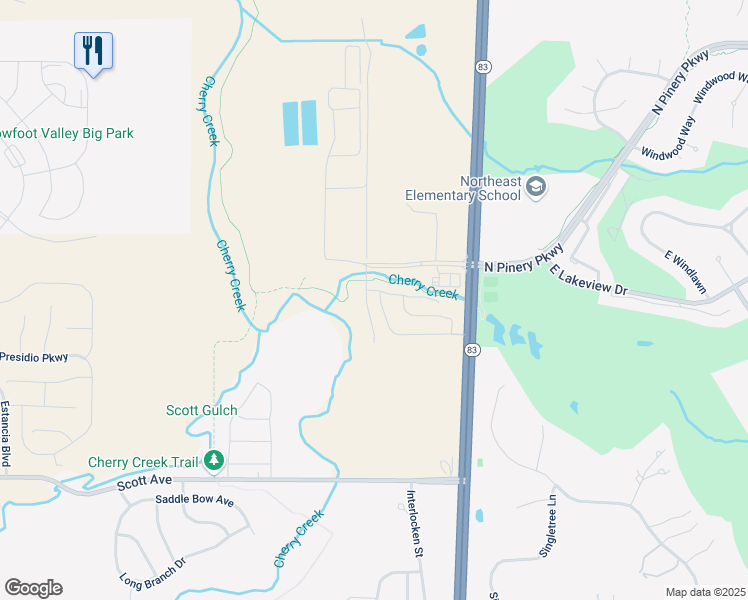 map of restaurants, bars, coffee shops, grocery stores, and more near 6601 Pinery Villa Place in Parker