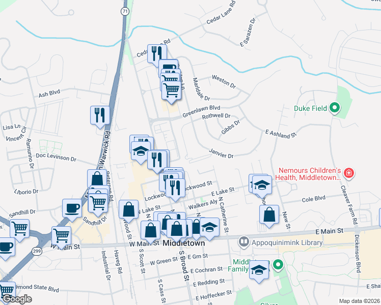 map of restaurants, bars, coffee shops, grocery stores, and more near 546 Janvier Drive in Middletown