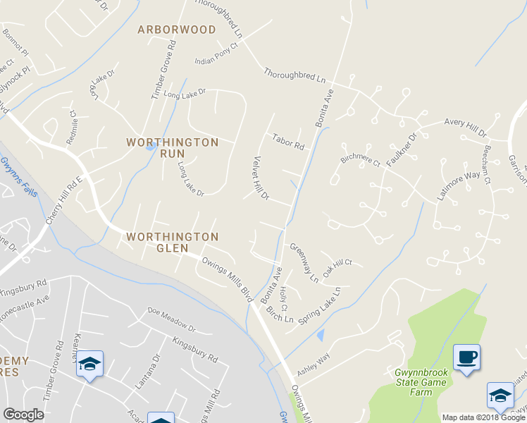 map of restaurants, bars, coffee shops, grocery stores, and more near 12112 Velvet Hill Drive in Owings Mills