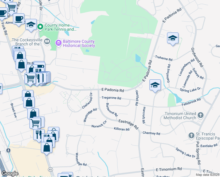 map of restaurants, bars, coffee shops, grocery stores, and more near 110 East Padonia Road in Lutherville-Timonium
