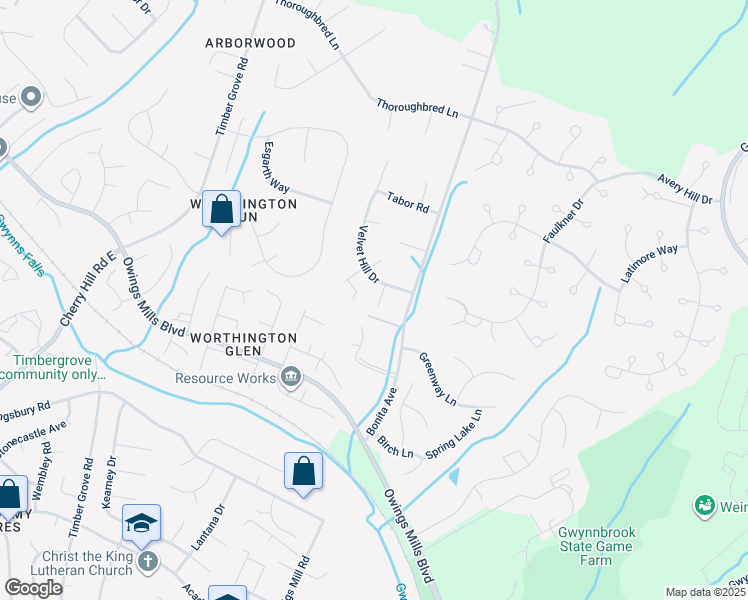 map of restaurants, bars, coffee shops, grocery stores, and more near 12112 Velvet Hill Drive in Owings Mills