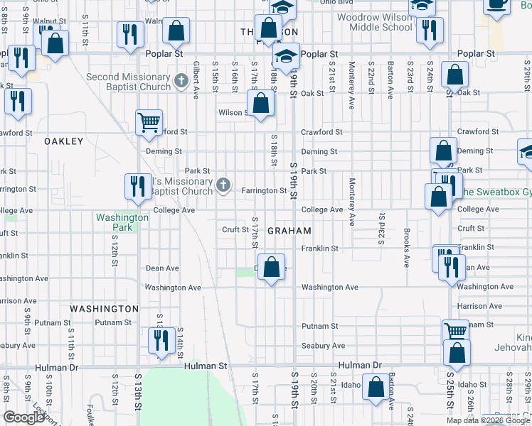 map of restaurants, bars, coffee shops, grocery stores, and more near 1021 South 18th Street in Terre Haute