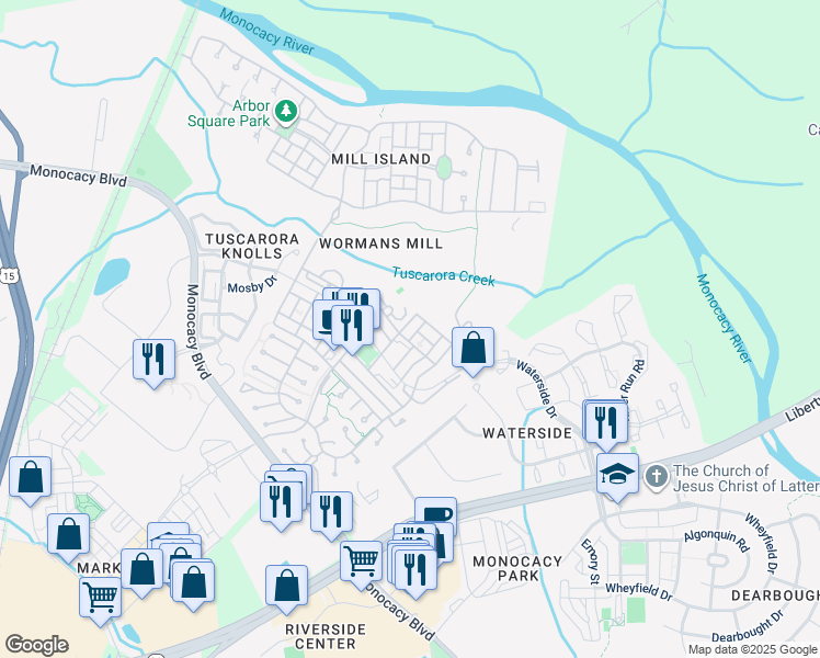 map of restaurants, bars, coffee shops, grocery stores, and more near 2229 Village Square Road in Frederick