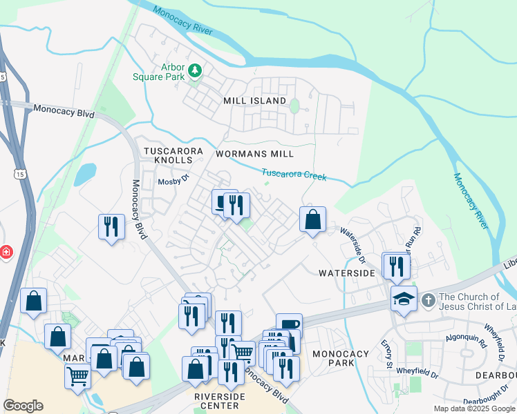 map of restaurants, bars, coffee shops, grocery stores, and more near 2459 Stoney Creek Road in Frederick