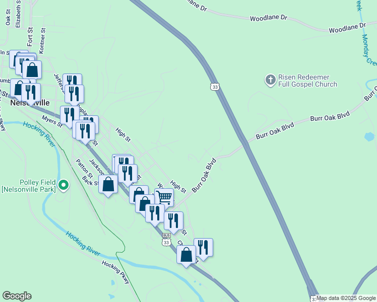 map of restaurants, bars, coffee shops, grocery stores, and more near 130 Crihfield Drive in Nelsonville