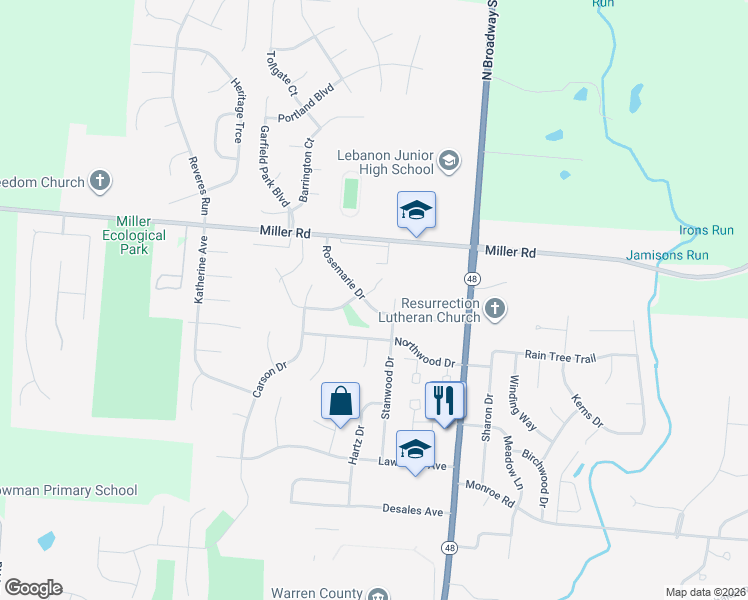 map of restaurants, bars, coffee shops, grocery stores, and more near 206 Rosemarie Drive in Lebanon