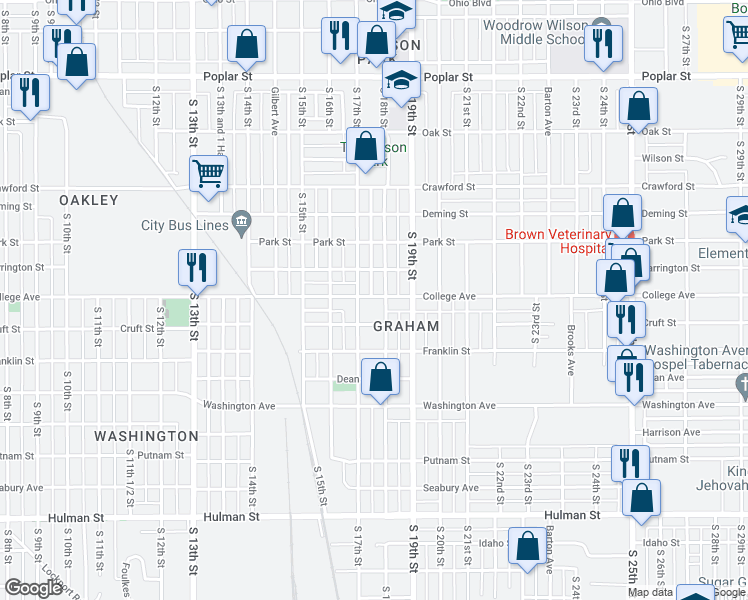 map of restaurants, bars, coffee shops, grocery stores, and more near 1021 South 18th Street in Terre Haute