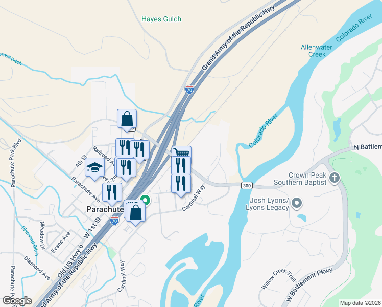map of restaurants, bars, coffee shops, grocery stores, and more near 150 Columbine Court in Parachute