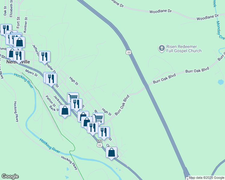 map of restaurants, bars, coffee shops, grocery stores, and more near 130 Crihfield Drive in Nelsonville