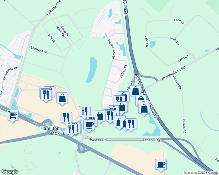 map of restaurants, bars, coffee shops, grocery stores, and more near 2610 Falcon Court in Hamilton