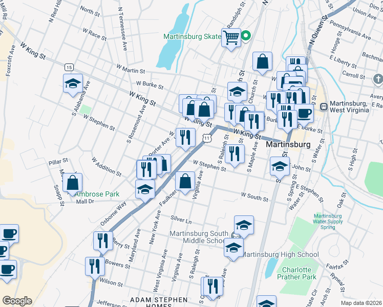 map of restaurants, bars, coffee shops, grocery stores, and more near 600 West John Street in Martinsburg