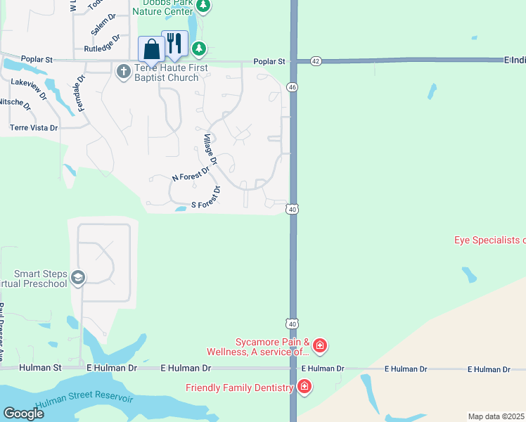 map of restaurants, bars, coffee shops, grocery stores, and more near 751-899 Champlain Ct in Terre Haute