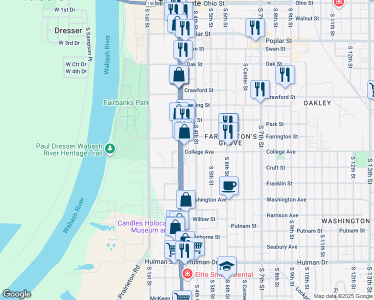 map of restaurants, bars, coffee shops, grocery stores, and more near in Terre Haute