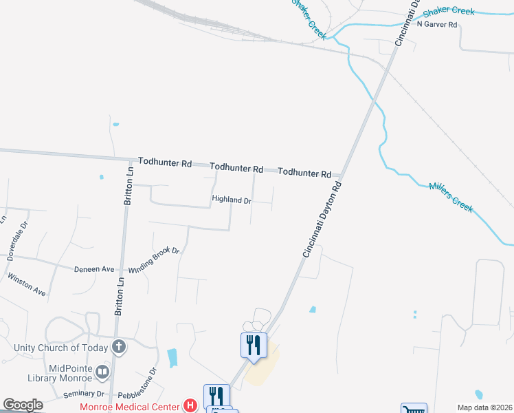 map of restaurants, bars, coffee shops, grocery stores, and more near 120 Highland Drive in Monroe