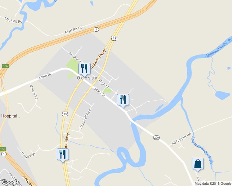 map of restaurants, bars, coffee shops, grocery stores, and more near High Street in Odessa