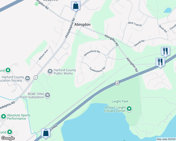 map of restaurants, bars, coffee shops, grocery stores, and more near 1005 Norwich Court in Abingdon