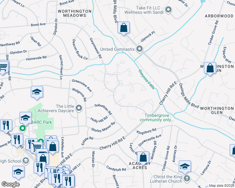map of restaurants, bars, coffee shops, grocery stores, and more near 20 Wessex Court in Reisterstown