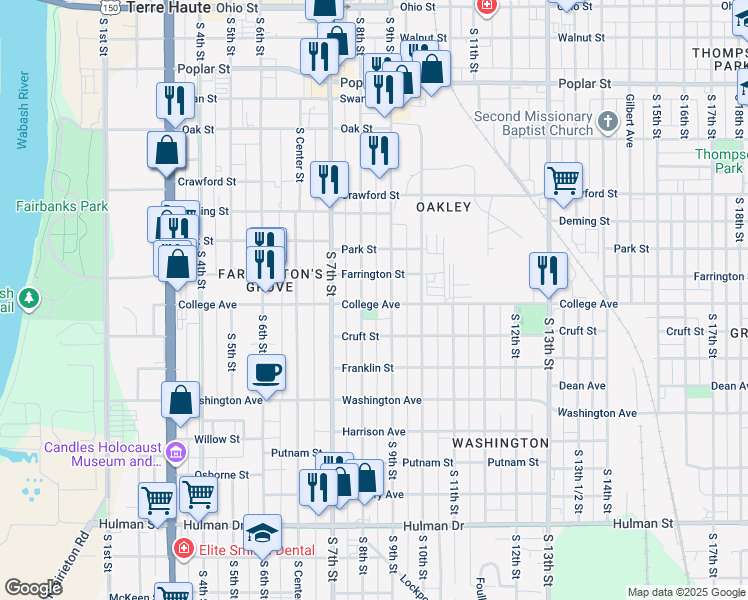 map of restaurants, bars, coffee shops, grocery stores, and more near 812 College Avenue in Terre Haute