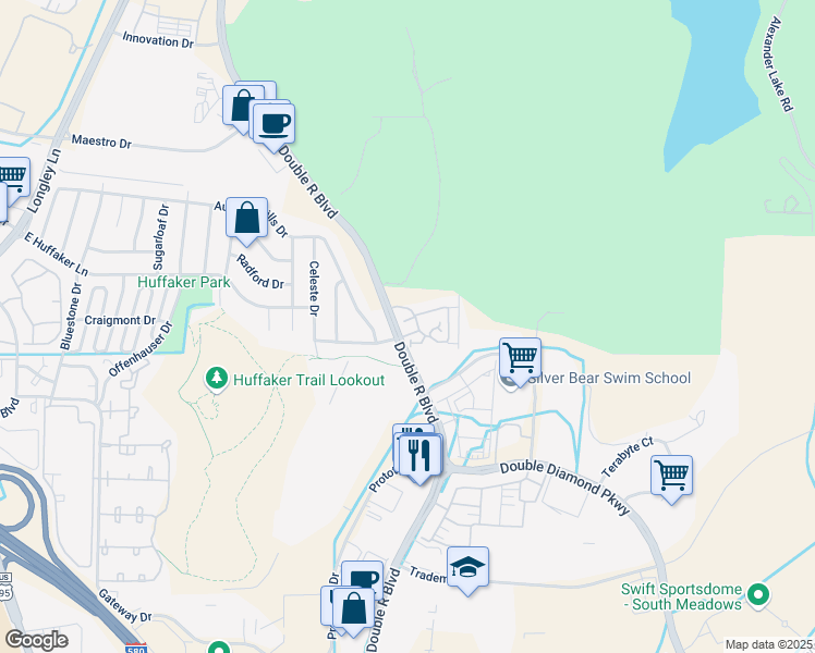 map of restaurants, bars, coffee shops, grocery stores, and more near 9050 Double R Boulevard in Reno