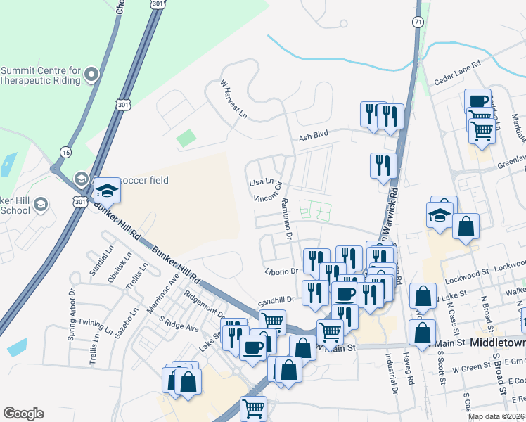 map of restaurants, bars, coffee shops, grocery stores, and more near 130 Rosie Drive in Middletown