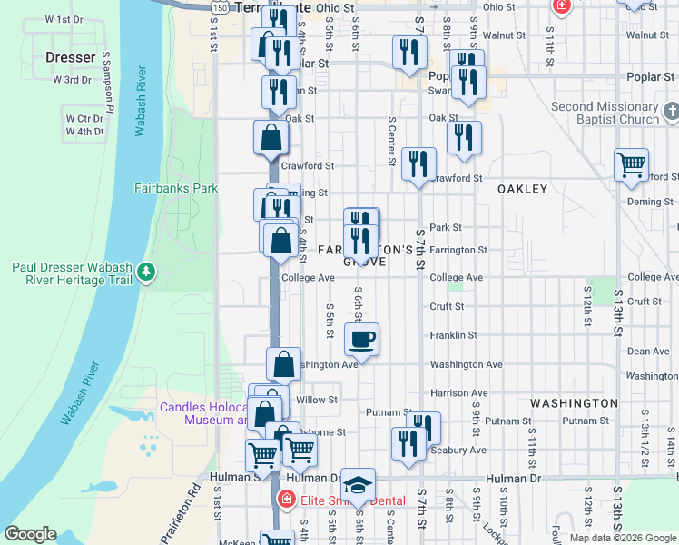 map of restaurants, bars, coffee shops, grocery stores, and more near 500 College Avenue in Terre Haute