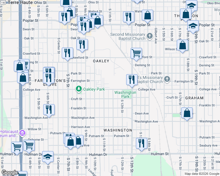 map of restaurants, bars, coffee shops, grocery stores, and more near 1100 College Avenue in Terre Haute