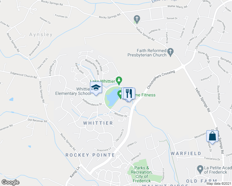 map of restaurants, bars, coffee shops, grocery stores, and more near 2405 Whittier Drive in Frederick