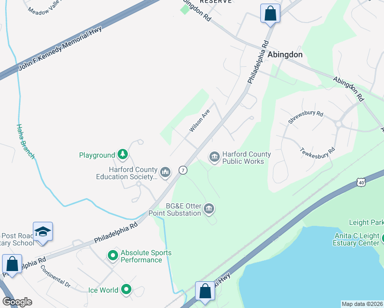 map of restaurants, bars, coffee shops, grocery stores, and more near 3112 Philadelphia Road in Abingdon