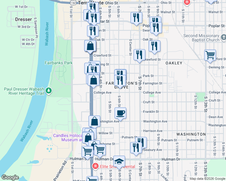 map of restaurants, bars, coffee shops, grocery stores, and more near 500 College Avenue in Terre Haute